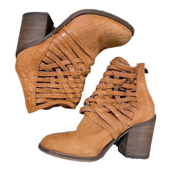 Free People Carrera Tan Strappy Brown Suede Woven Distressed Boots Size 37 6.5 - Picture 2 of 9